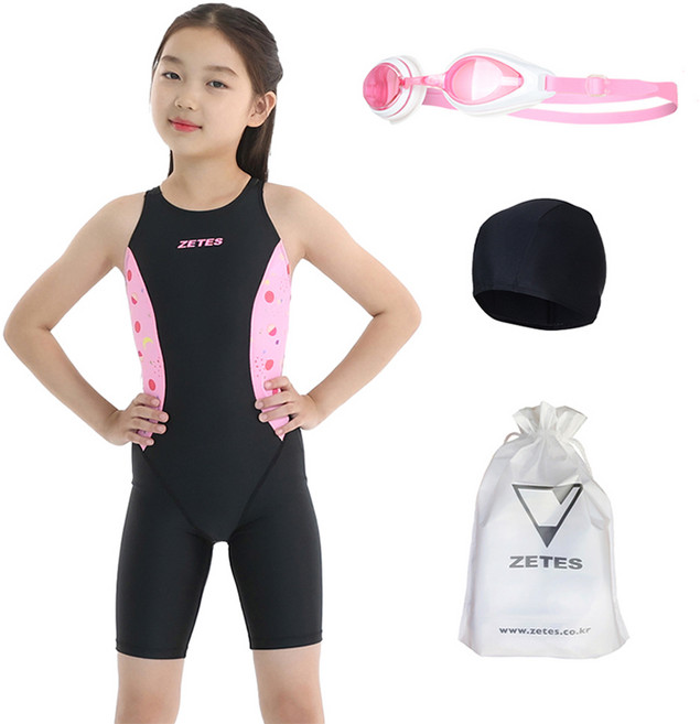 제테스 여아용 반신 실내수영복 G2i252 + 수경 + 수모 + 파우치 생존수영세트