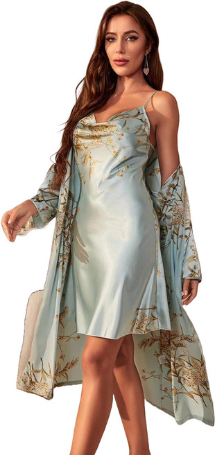 원이네 여성용 실크 슬립 + 샤워가운 세트 L, 라이트민트, 1세트