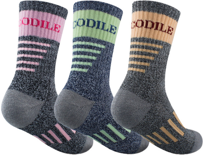 크로커다일 여성용 스포츠 쿠션 등산 긴목 양말 3족 세트 CD321, 그린 + 오렌지 + 핑크, 1세트