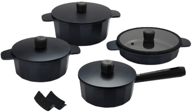 해피콜 인덕션 플랑 IH 주물냄비 세트 4개, BLACK, 편수냄비 18cm + 양수냄비 20cm + 양수냄비 24cm + 전골냄비 24cm + 실리콘 손잡이 2p, 1세트