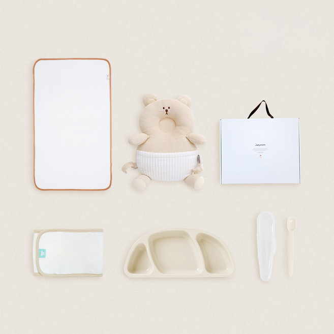 jellymom 嬰幼兒出生賀禮5件組, 熊(防撞頭枕), 奶油米色(餐盤), 奶油米色(湯匙), 1套