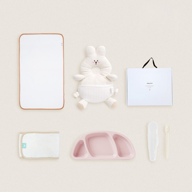 jellymom 嬰幼兒出生禮物5件組, 兔子(防撞頭枕), 寶寶粉(餐盤), 奶油米色(湯匙), 1套