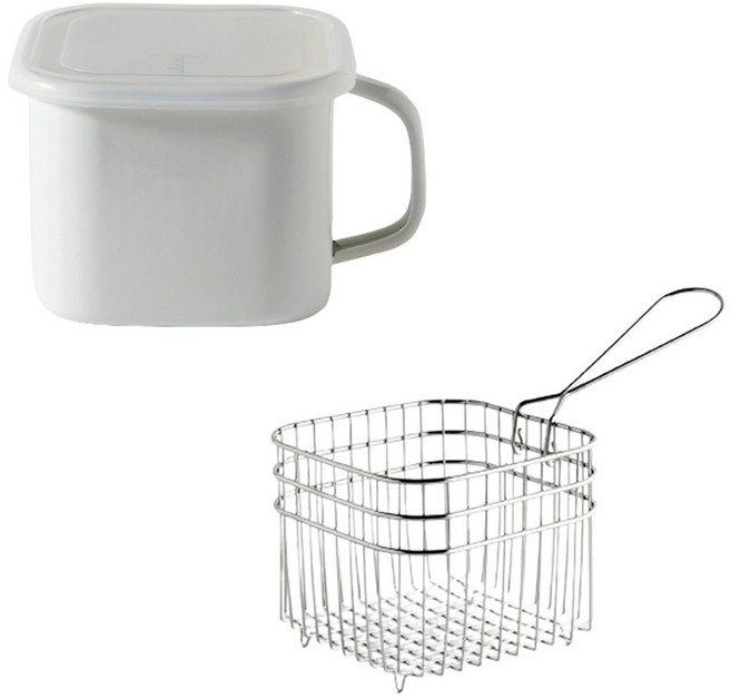 모다키친 인덕션 사각 캐니스터 법랑냄비 2.2L + 튀김망 세트, 화이트, 1개, 15.5cm