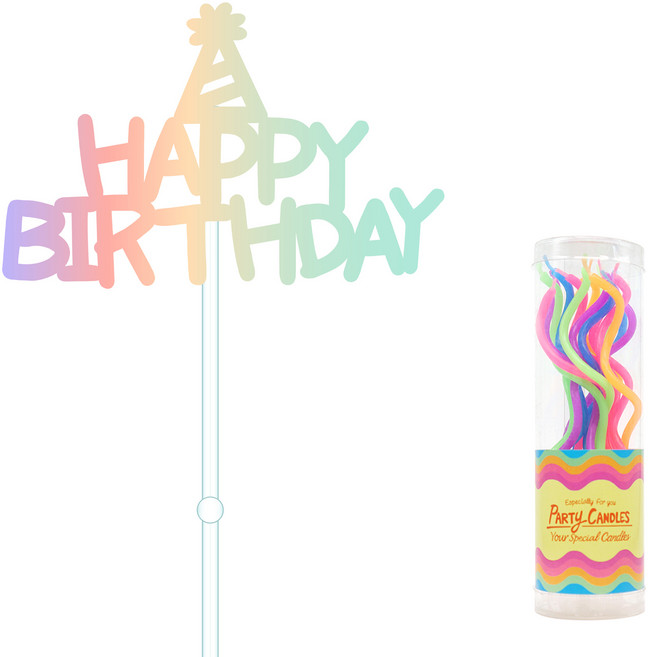 올댓파티 HAPPY BIRTHDAY 생일 케이크 토퍼 + 생일초 세트, 혼합색상, 1세트