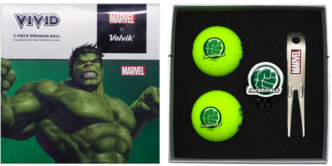 Volvik Marvel聯名Vivid系列3層高爾夫球 + 高爾夫球標 + 果嶺叉組, 浩克, 2顆, 1組