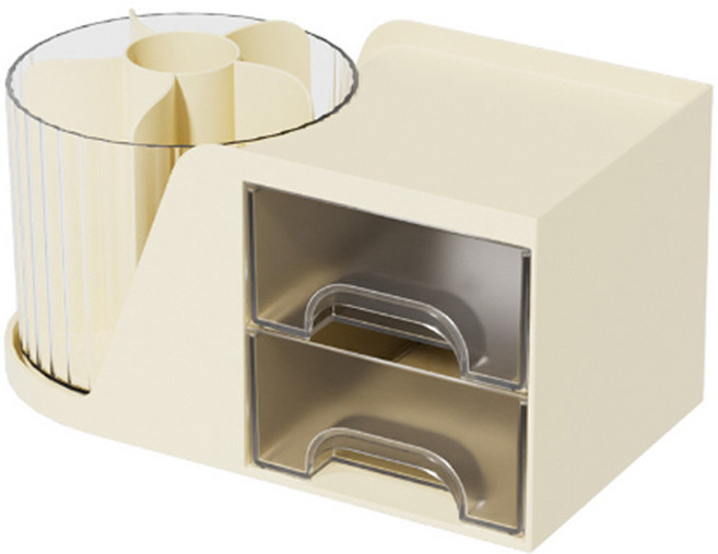 마다꾸미 회전형 연필 꽂이 화장품 정리함 미니 수납함 서랍 + 꽂이, 옐로우, 1개