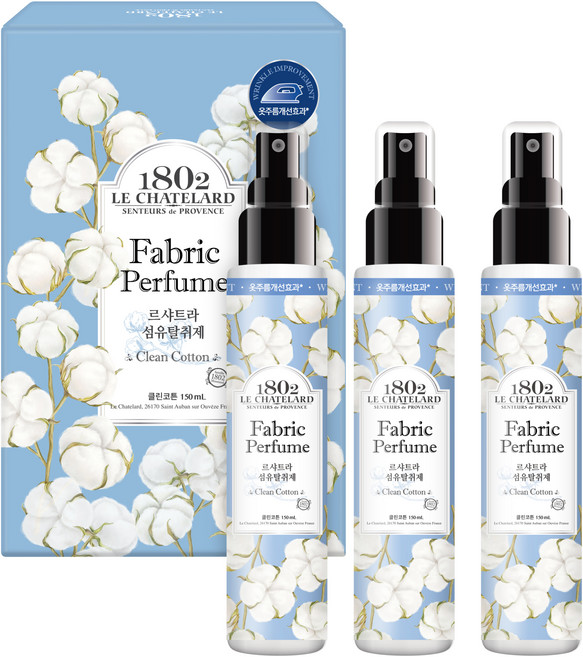 르샤트라1802 섬유탈취제 클린 코튼 본품, 3개, 150ml