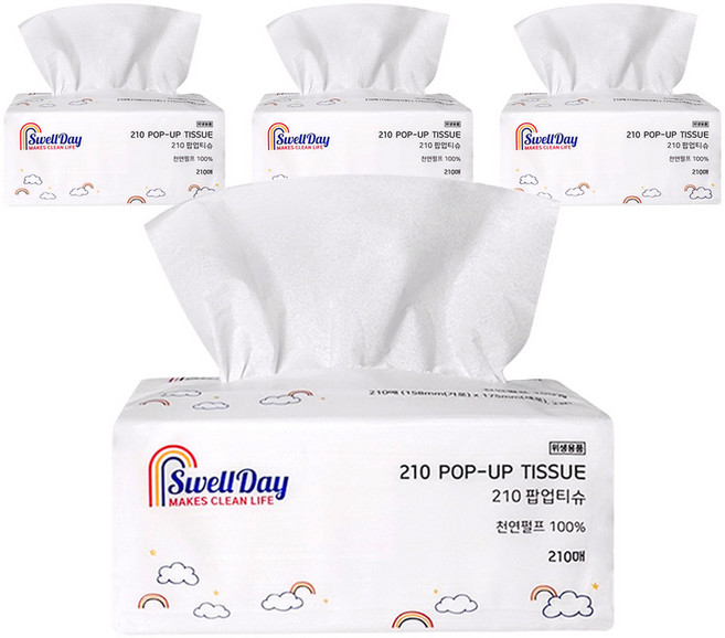 스웰데이 210 팝업 천연펄프 미용티슈 2겹, 210매입, 4개