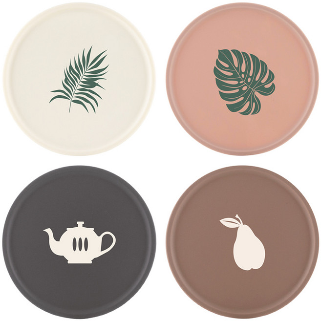 플라이토 국산 실리콘 프린팅 라운드 컵받침 4종 세트, 아이보리 + 브릭레드 + 브라운 + 블랙, 1세트