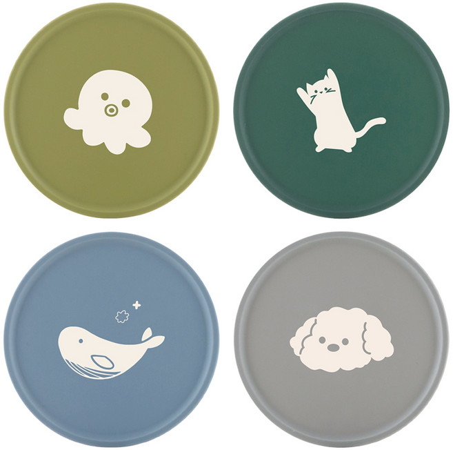 플라이토 국산 실리콘 프린팅 라운드 컵받침 4종 세트, 다크그린 + 헌터그린 + 마린블루 + 그레이, 1세트