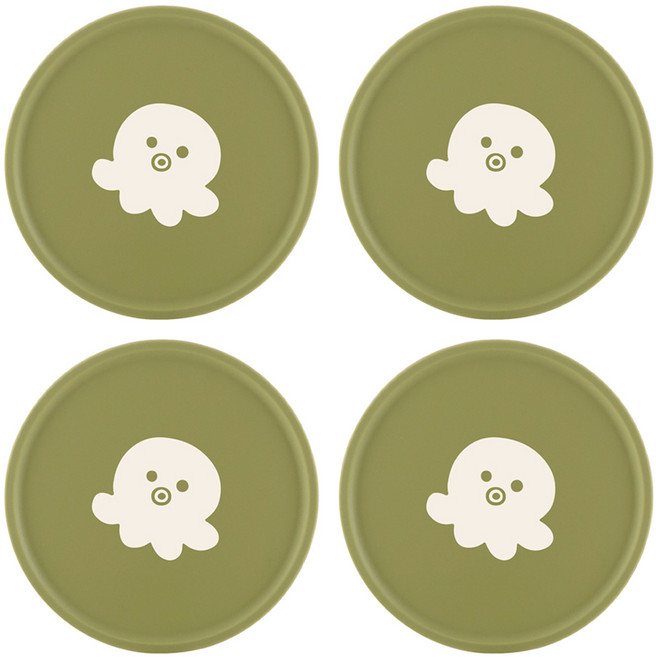 플라이토 실리콘 프린팅 라운드 컵받침 10.5cm, 문어 다크그린, 4개