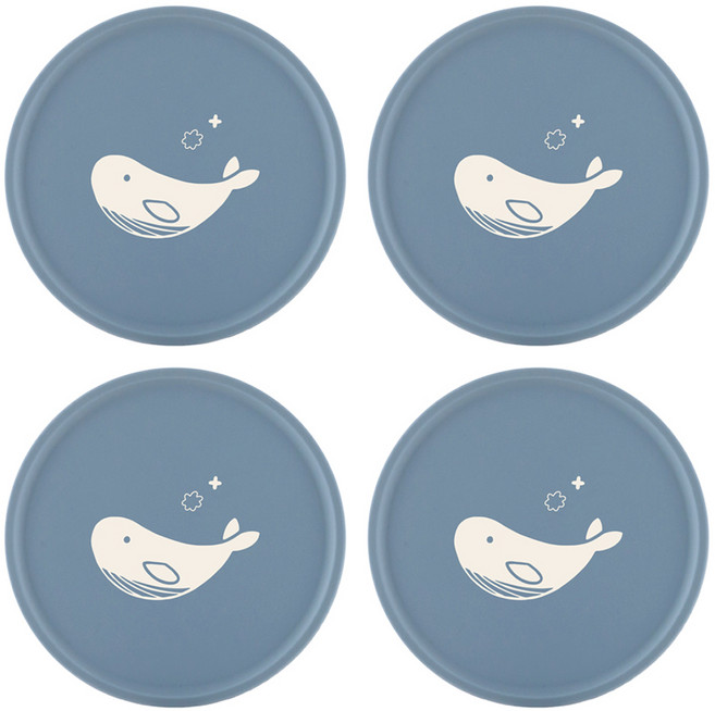 플라이토 실리콘 프린팅 라운드 컵받침 10.5cm, 고래 마린블루, 4개