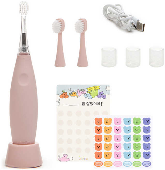 데일리라이크 유아용 봉봉 키즈 전동칫솔 세트, 01 스트로베리, 1세트