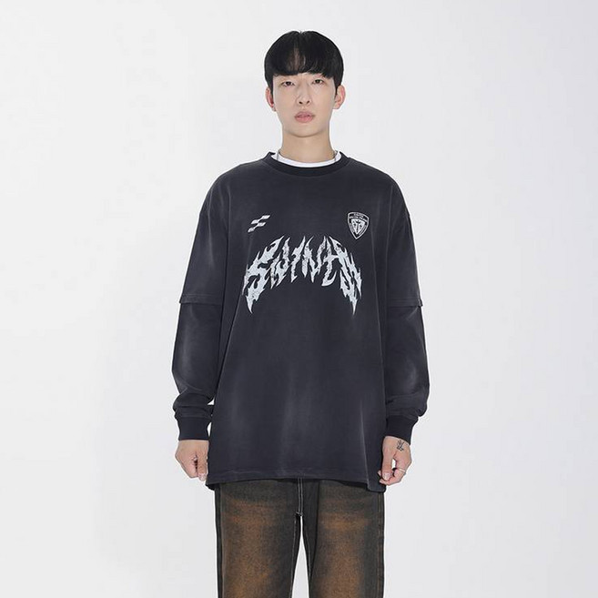 세인트페인 남녀공용 메탈 피그먼트 레이어드 롱 슬리브 면 티셔츠