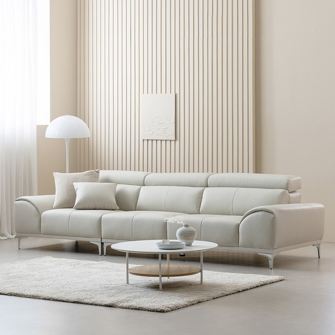 레이디가구 비비드 천연 황소 통가죽 헤드레스트 4인용 소파 방문설치, 크림베이지