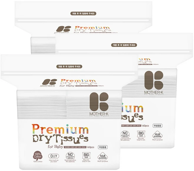 마더케이 프리미엄 순면 아기 건티슈, 60g, 160매, 3개 - 쿠팡
