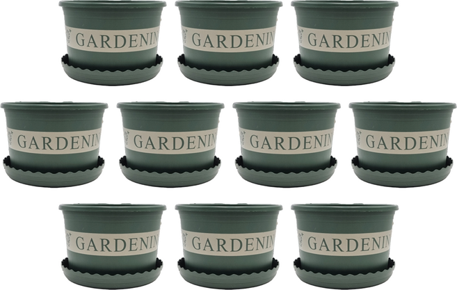 가든잇 가드닝 플라스틱 화분 낮은형 + 물결받침 세트, 모던 그린(D1613), 10세트