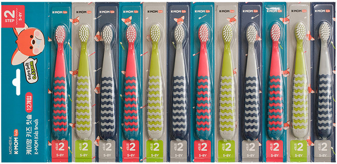 케이맘 키즈 칫솔 2단계, 캔디핑크 + 스트라이크그레이 + 애플라임, 12개입, 1개