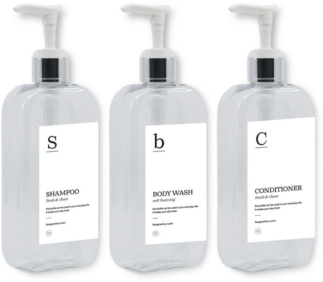 뉴앤룩 욕실 디스펜서 주방세제 리필용기 실버펌프 300ml x 3p + G샴푸 바디워시 컨디셔너 라벨 3종 세트, 투명, 1세트