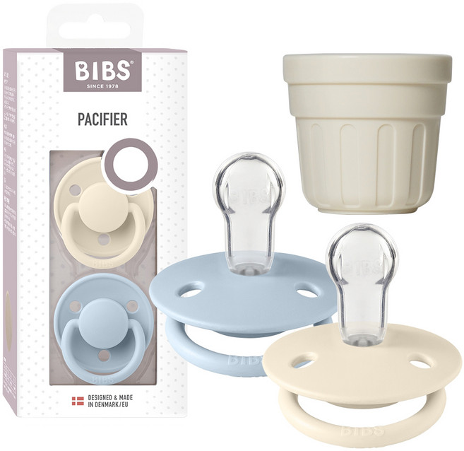 BIBS 디럭스 실리콘 쪽쪽이 2종 + 전용캡 세트, ONE SIZE(36개월미만), 아이보리 + 베이비블루, 1세트