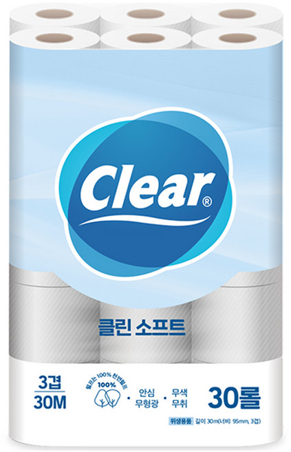 Clear 3層潔淨柔軟天然紙漿衛生紙, 30m, 30捲, 1個