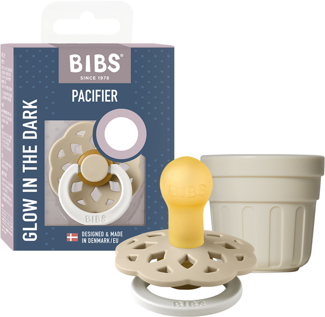 BIBS 보헴 고무 쪽쪽이 + 전용캡 세트, 1세트, 1단계(신생아 이상), 바닐라 야광