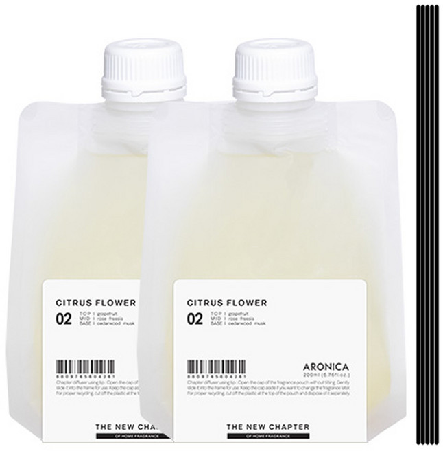 아로니카 챕터 디퓨저 리필 200ml x 2p + 섬유스틱 블랙 5p 세트, 시트러스플라워, 1세트