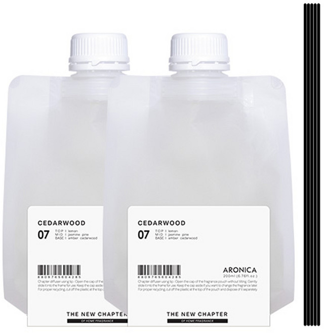 아로니카 챕터 디퓨저 리필 200ml x 2p + 섬유스틱 블랙 5p 세트, 시더우드, 1세트