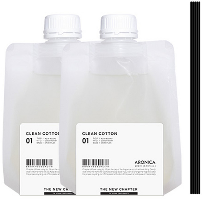 아로니카 챕터 디퓨저 리필 200ml x 2p + 섬유스틱 블랙 5p 세트, 클린코튼 허브향, 1세트