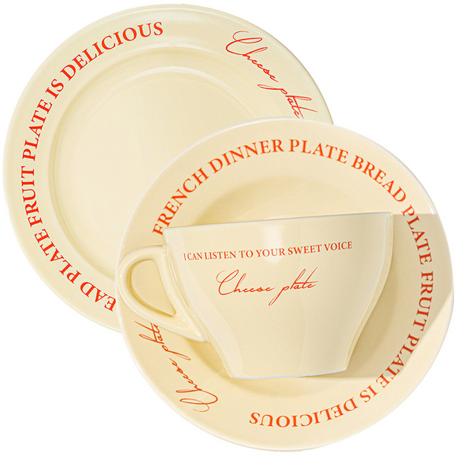 인블룸 치즈 레터링 디저트 플레이트 세트, 1세트, 접시 + 받침 + 컵, 레드