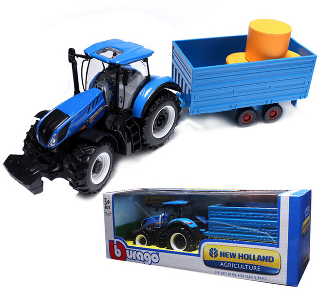 bbUrago 1:32 農用拖拉機 紐荷蘭 T7 315 HD with Hay Traler 農場拖拉機 重型機械玩具, 藍色, 1個