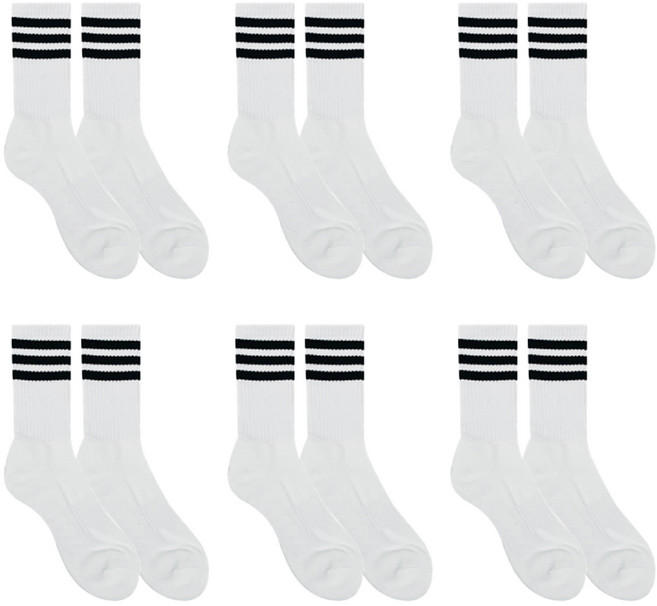 가파치 여성용 삼선 스포츠 장목 이중바닥 쿠션 양말 6켤레 세트, 화이트, 1세트