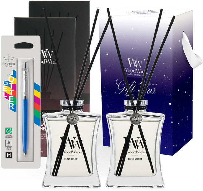 우드윅 시그니처 디퓨저 100ml x 2p + 파카 조터 오리지널 젤 펜 블루 기프트 에디션 세트, 1개, 블랙체리