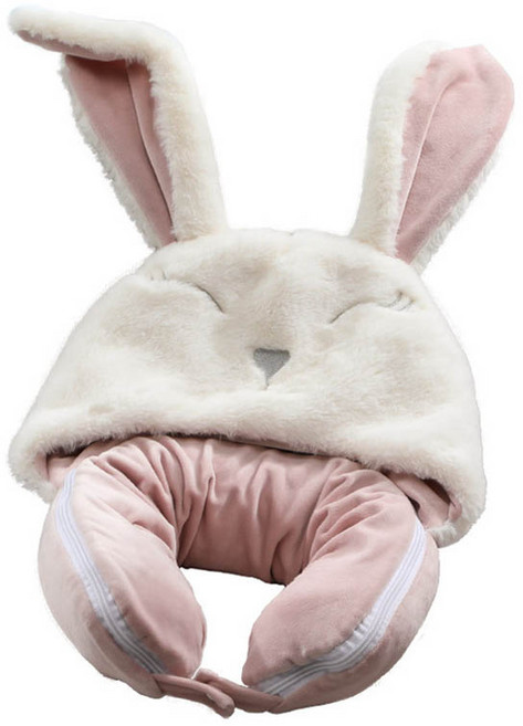 로이윙 캠핑 멀티 캐릭터 후드 U형 목베개 담요, 토끼 핑크, 1개