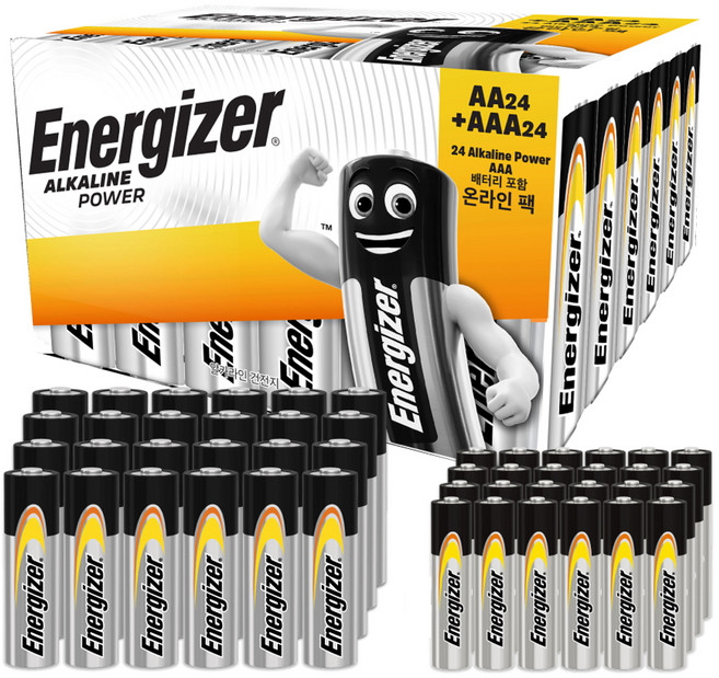 에너자이저 알카라인 파워 건전지 배터리 보관 케이스팩 AA 24p + AAA 24p, 48개입, 1세트