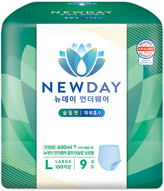 뉴데이 남성용 언더웨어 울트라슬림 성인기저귀, 대형, 9매입, 1세트
