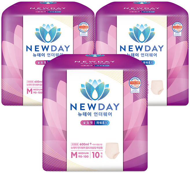 뉴데이 여성용 언더웨어 울트라슬림 성인기저귀, 중형, 10매입, 3세트