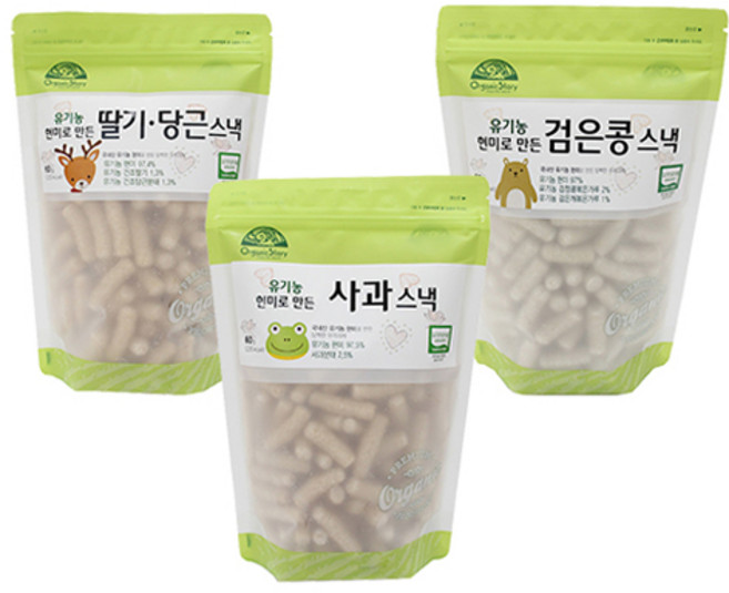 OrganicStory 유기농 현미로 만든 스낵 3종 세트, 1세트, 딸기당근맛, 사과맛, 검은콩맛, 60g