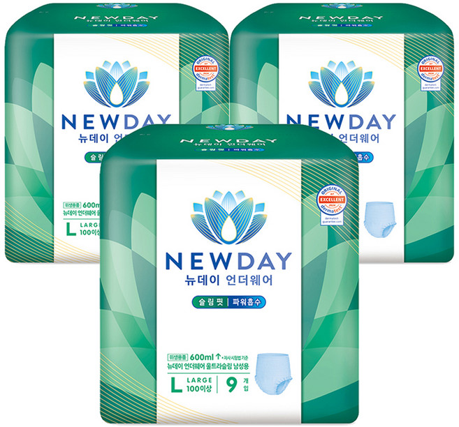 뉴데이 남성용 언더웨어 울트라슬림 성인기저귀, 대형, 9매입, 3세트