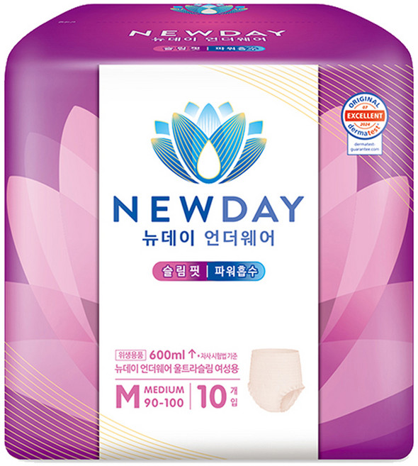 뉴데이 여성용 언더웨어 울트라슬림 성인기저귀, 중형, 10매입, 1세트