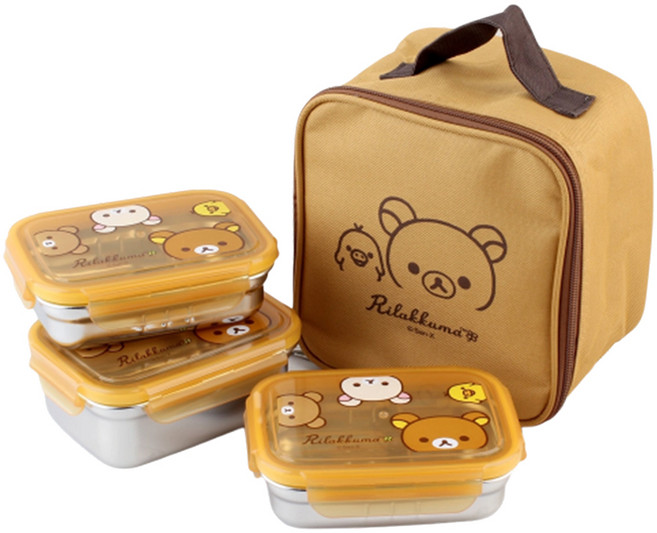 리락쿠마 스텐 해피 3단 도시락, 브라운, 1세트