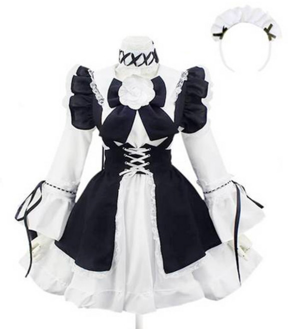 스투피드 Nine9 고딕 로리타 원피스 + 앞치마 + 머리띠 + 머리장식 + 코사지 + 리본 코스프레 풀 세트, 블랙, 1세트