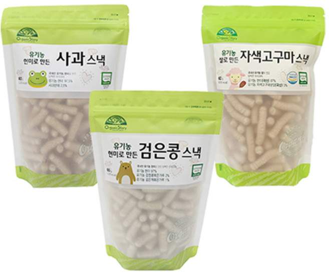 OrganicStory 유기농 현미로 만든 스낵 3종, 1세트, 사과맛, 검은콩맛, 자색고구마맛, 60g