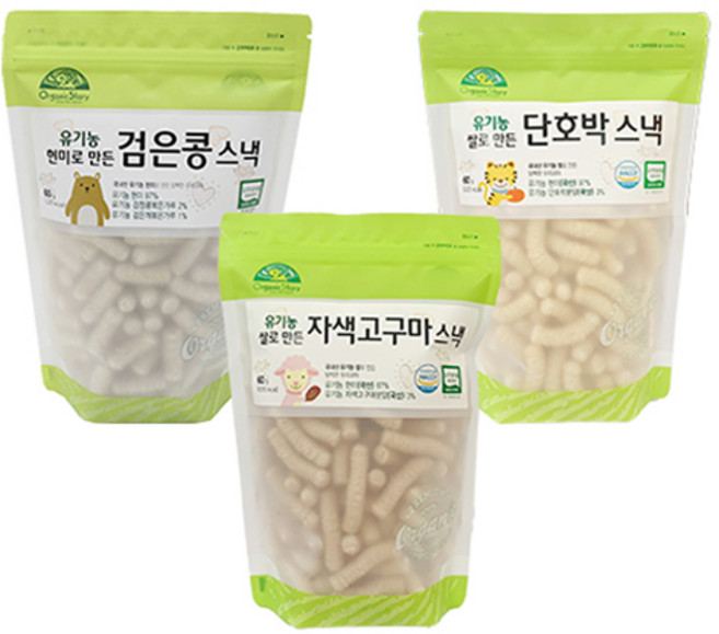 OrganicStory 유기농 현미로 만든 스낵, 1세트, 검은콩맛, 자색고구마맛, 단호박맛, 60g