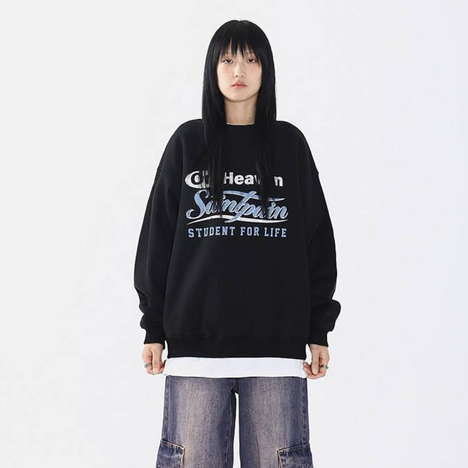 세인트페인 남녀공용 온 헤븐 기모 오버핏 스웨트 티셔츠