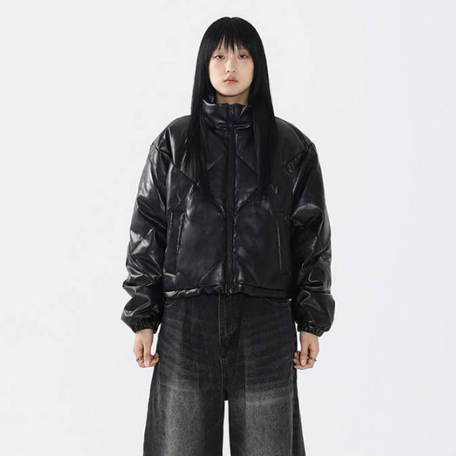 saintpain 中性款SP皮革菱格絎縫保暖外套