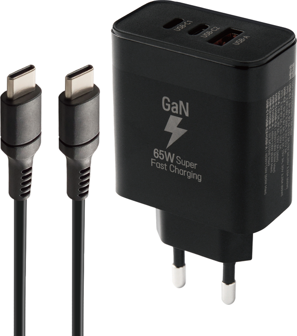 지파워 GaN PD65W 3구 초고속충전기 + CtoC케이블 1.5m 세트, 블랙, 1세트