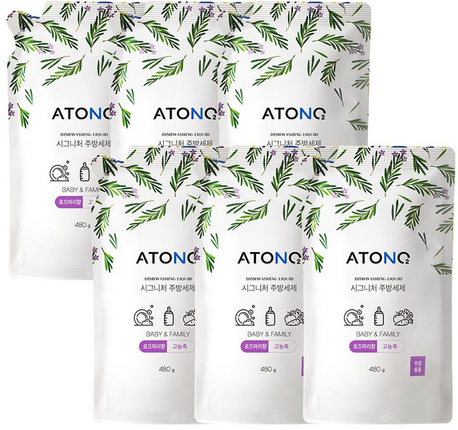 아토앤오투 시그니처 젖병&주방세제 로즈마리향 리필, 480g, 6개