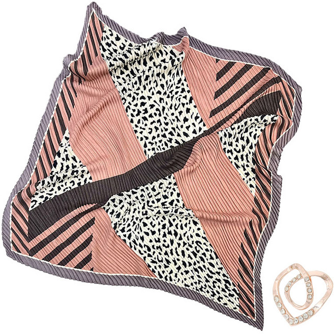 ATTERLIC 百褶豹紋方巾披肩絲巾 + 絲巾環 B套組 04963