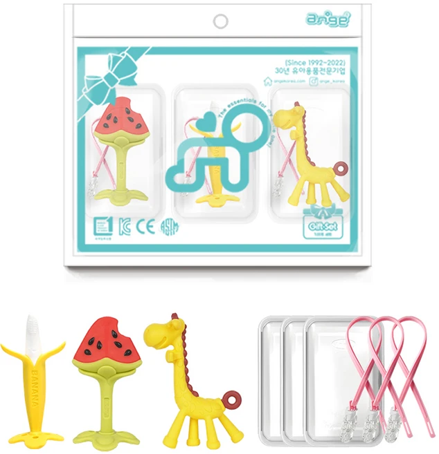 앙쥬 치발기 3종 세트, 바나나 + 3D수박 + 기린 + 케이스 대 2p + 케이스 소 + 스트랩 3p, 혼합색상, 1세트 - 쿠팡